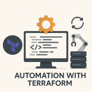 Ilustração visual do gerenciamento de infraestrutura como código com Terraform, destacando conexões entre servidores e automação.
