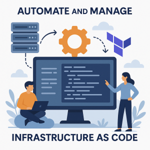 Infográfico com estilo moderno exibindo automação de infraestrutura com Terraform, incluindo engrenagem, monitor com código e braço robótico.