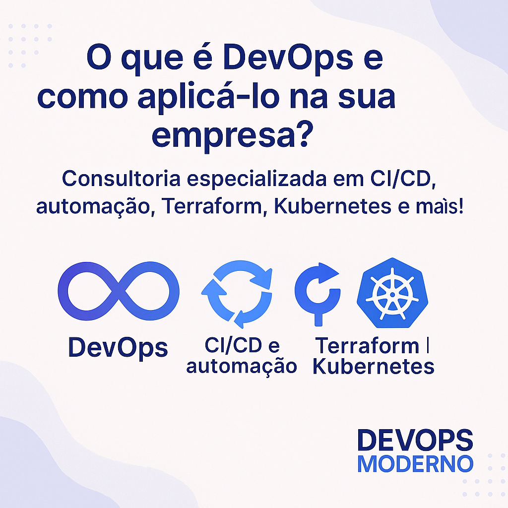 Ilustração digital que representa consultoria DevOps moderna, com elementos visuais de automação, CI/CD, Kubernetes e infraestrutura em nuvem, acompanhada da marca DevOps Moderno.